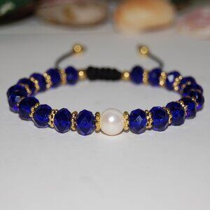Pearl Bracelet,Fresh Water Pearl,Crystal Glass Beads,Drawstring,Blue Bracelet